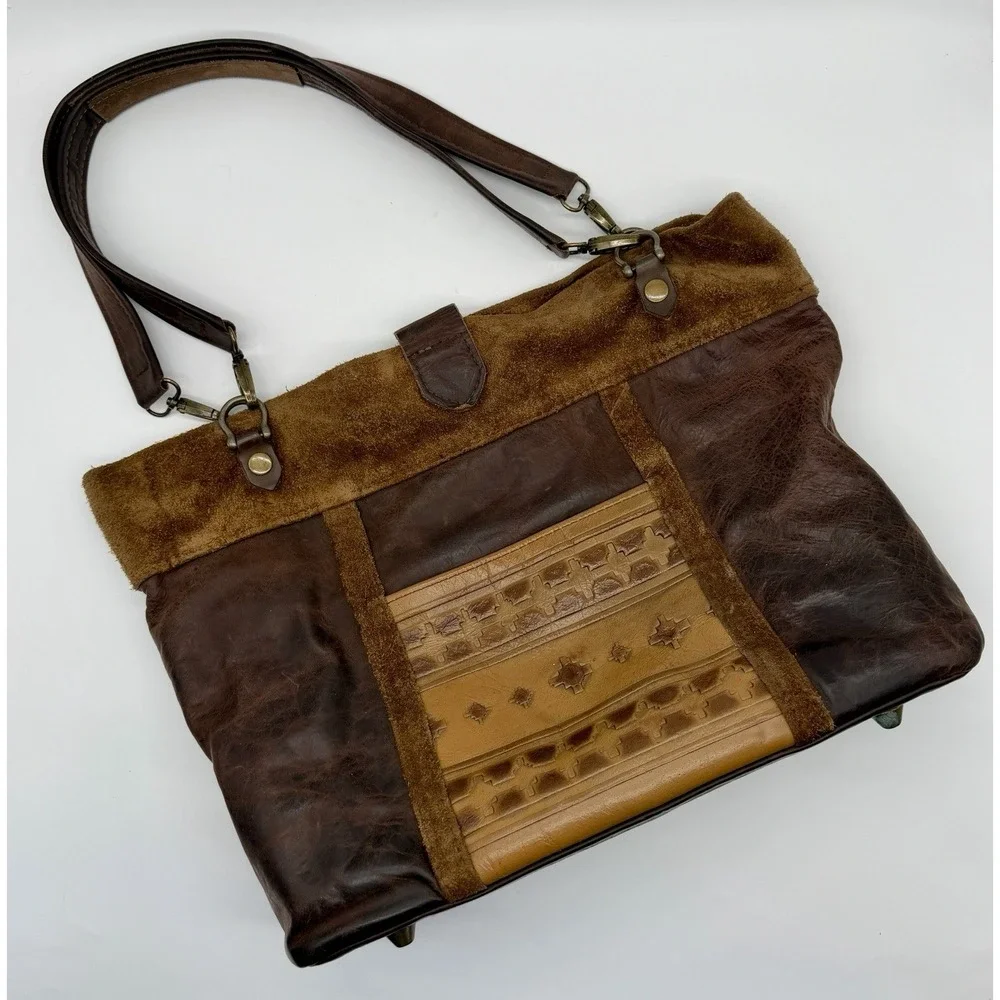 Vtg Tooled Leather Handbag Purse Brown Southwestern Boho Geometric Shoulder Bag